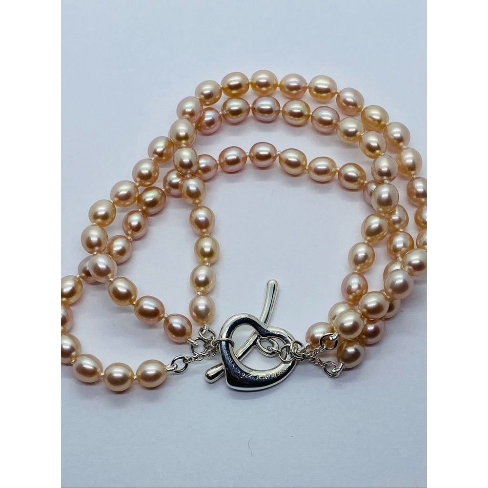 Tiffany & co. Elsa Peretti 3 Row Pink Pearl Heart Silver 925 Bracelet 7.5"